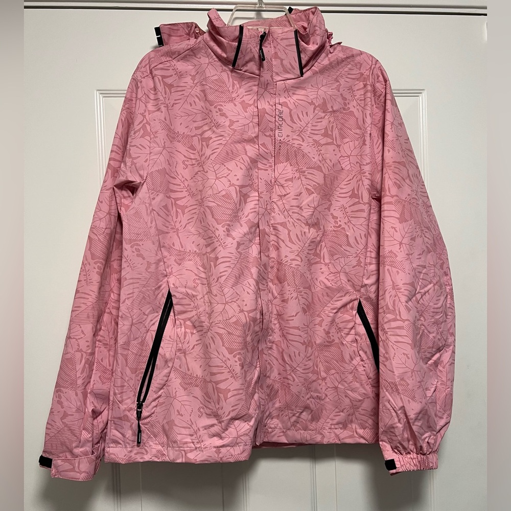 Sela Pink Floral Print Hooded Rain Jacket Windbreaker Removable Hood Size XL